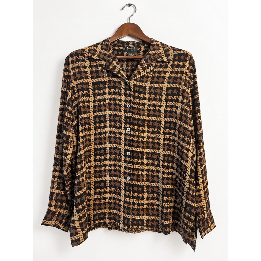 City Silk Women's L 100% Silk Blouse Black Brown Gold Plaid Button Front